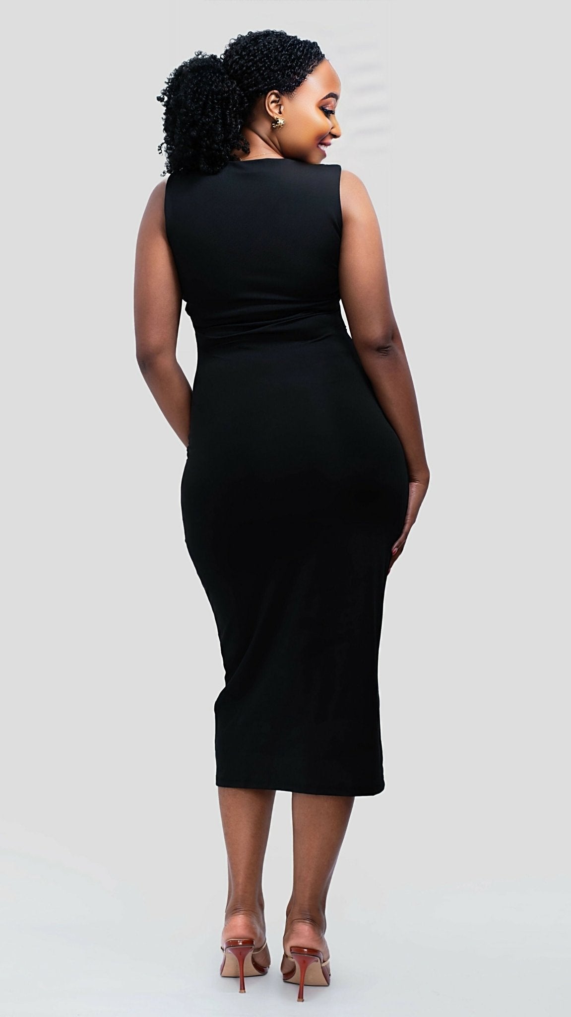 The Fashion Frenzy Buckle Strap Bodycon Midi Dress - Black - Shopzetu