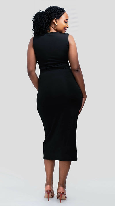 The Fashion Frenzy Buckle Strap Bodycon Midi Dress - Black - Shopzetu