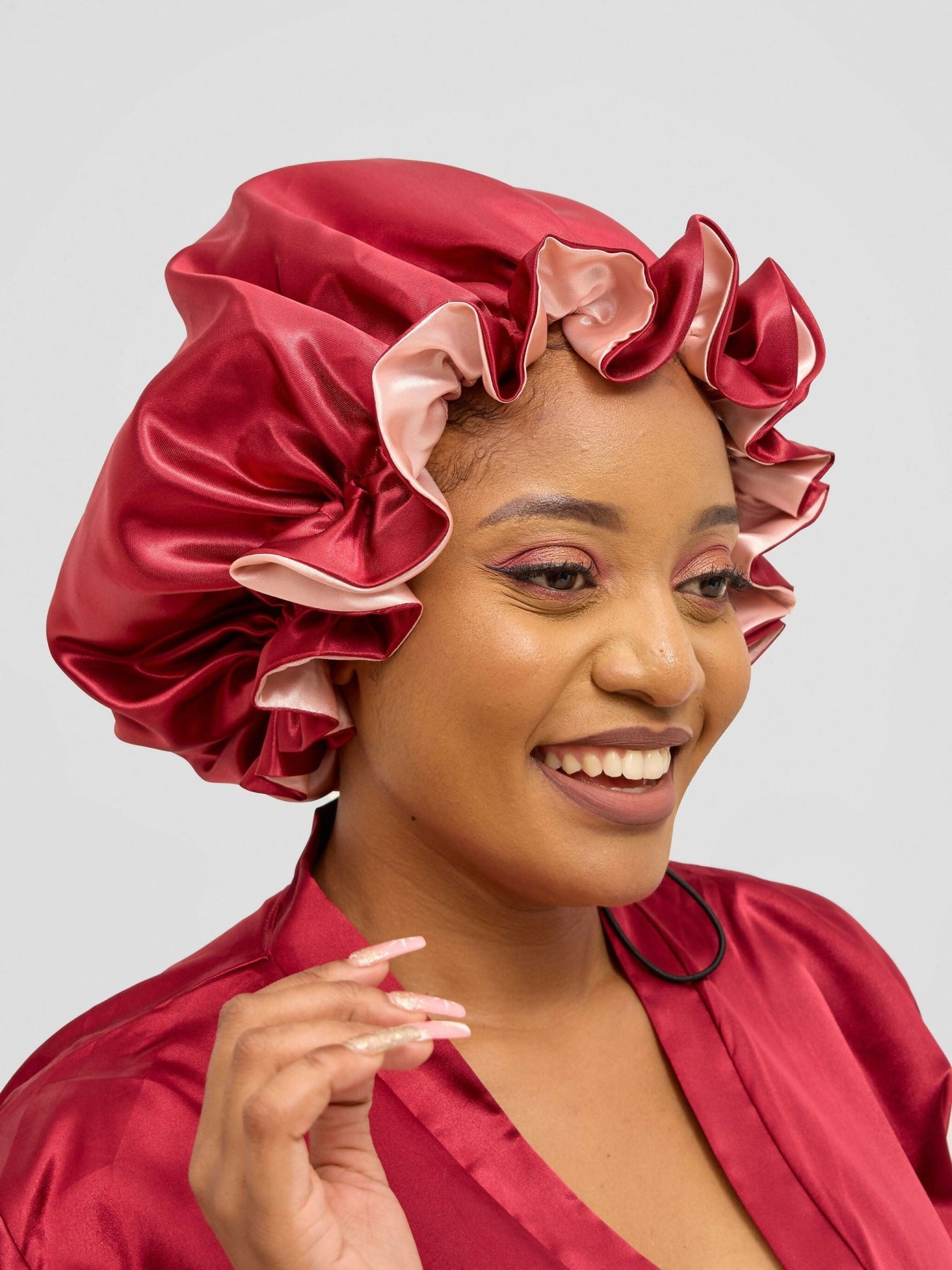 Satin Luxe Ruffle Bonnet - Maroon / Peach - Shopzetu