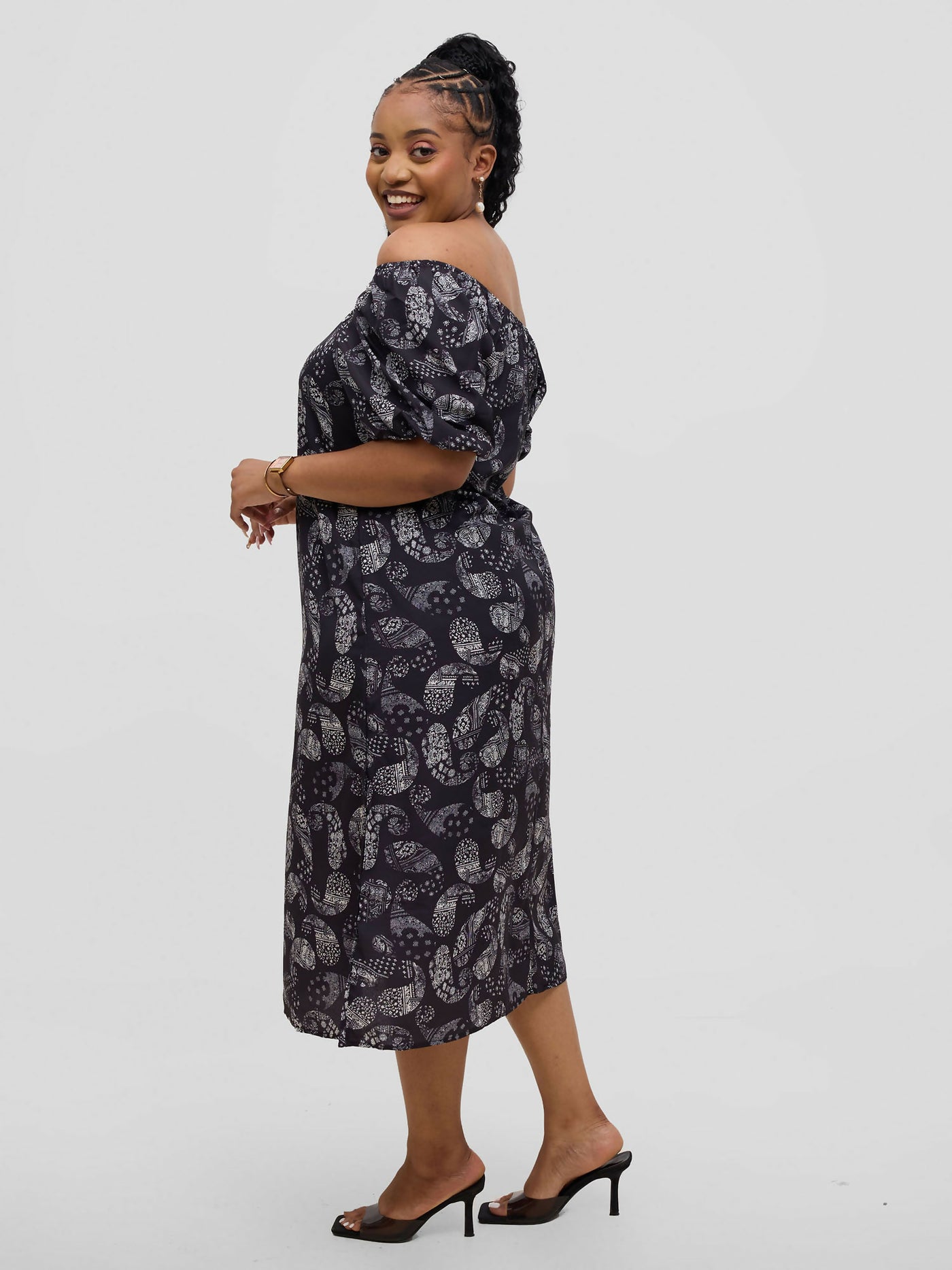 Hessed Off Shoulder Ballon Sleeve Dress - Black - Shopzetu