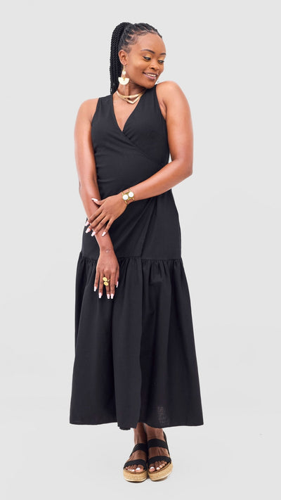 Safari Naledi Gathered Panel Wrap Dress - Black - Shopzetu