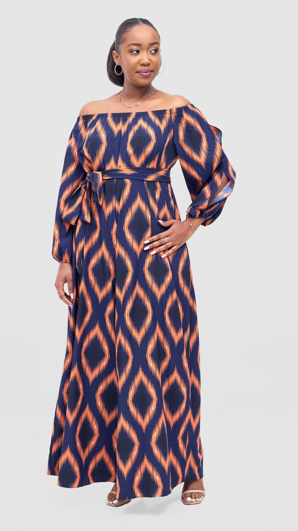 Vivo Yumi Off Shoulder Jumpsuit - Orange / Navy Rumi Print - Shopzetu