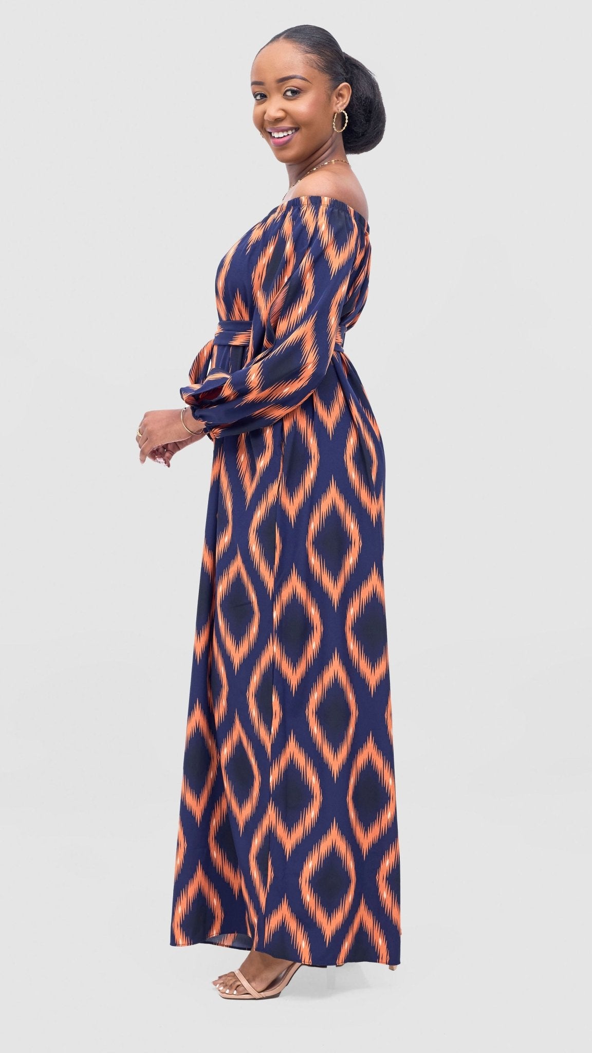 Vivo Yumi Off Shoulder Jumpsuit - Orange / Navy Rumi Print - Shopzetu