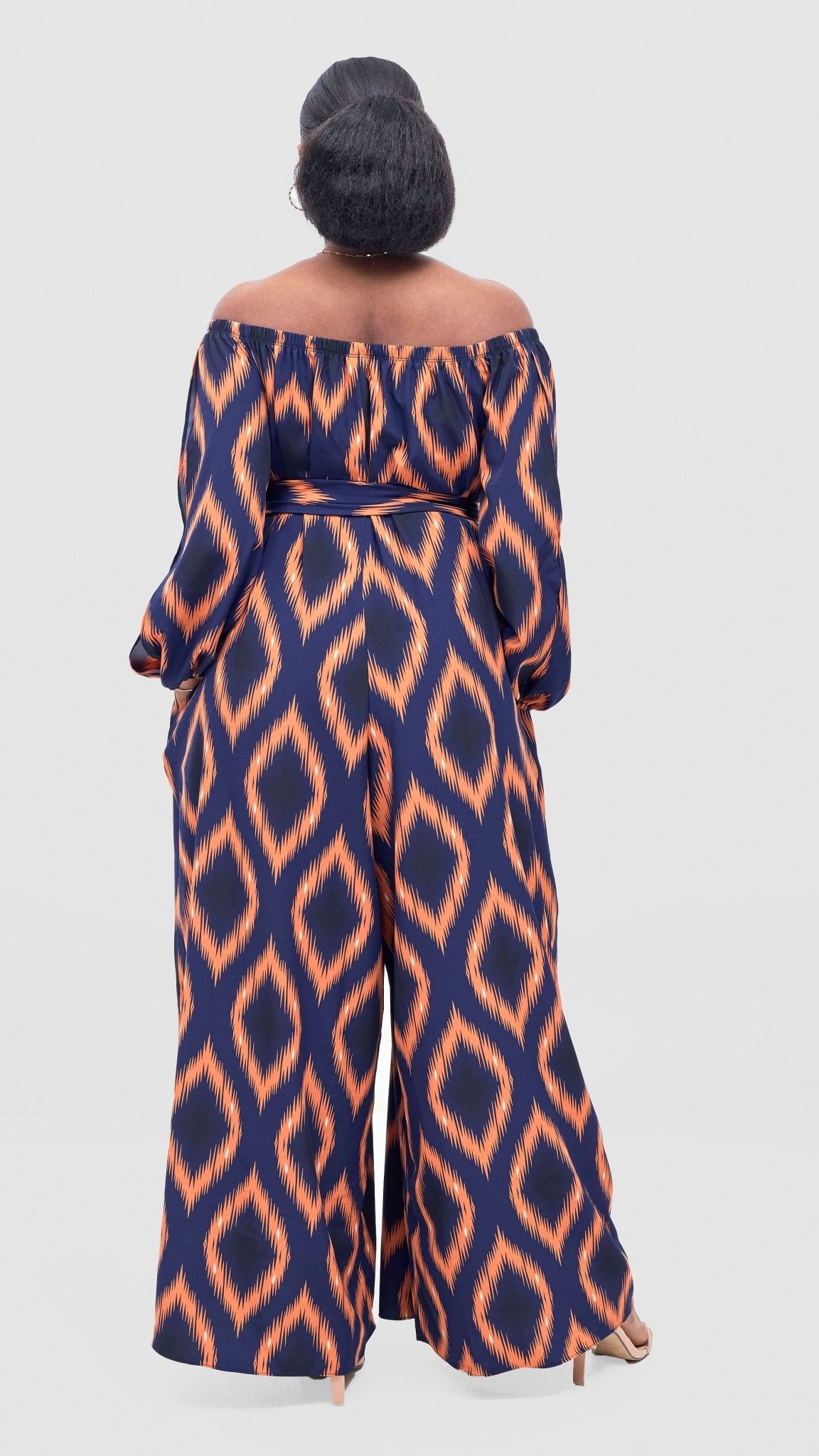 Vivo Yumi Off Shoulder Jumpsuit - Orange / Navy Rumi Print - Shopzetu