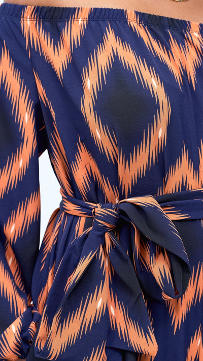 Vivo Yumi Off Shoulder Jumpsuit - Orange / Navy Rumi Print - Shopzetu