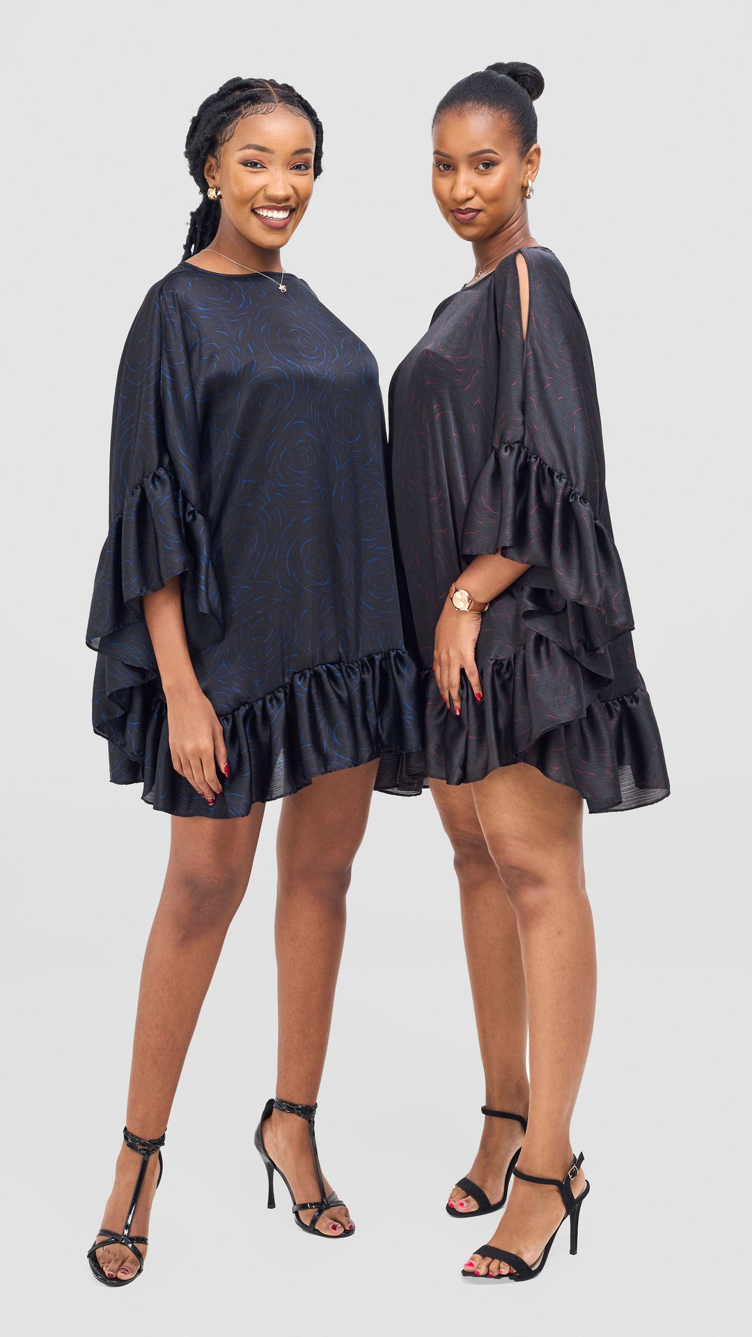 Vivo Chidii Tunic Dress With Frills - Black / Blue Print