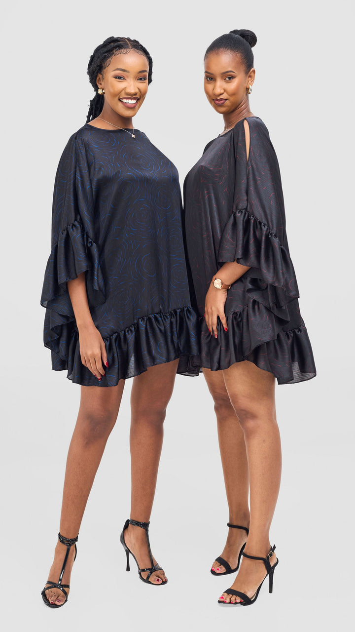 Vivo Chidii Tunic Dress With Frills - Black / Blue Print