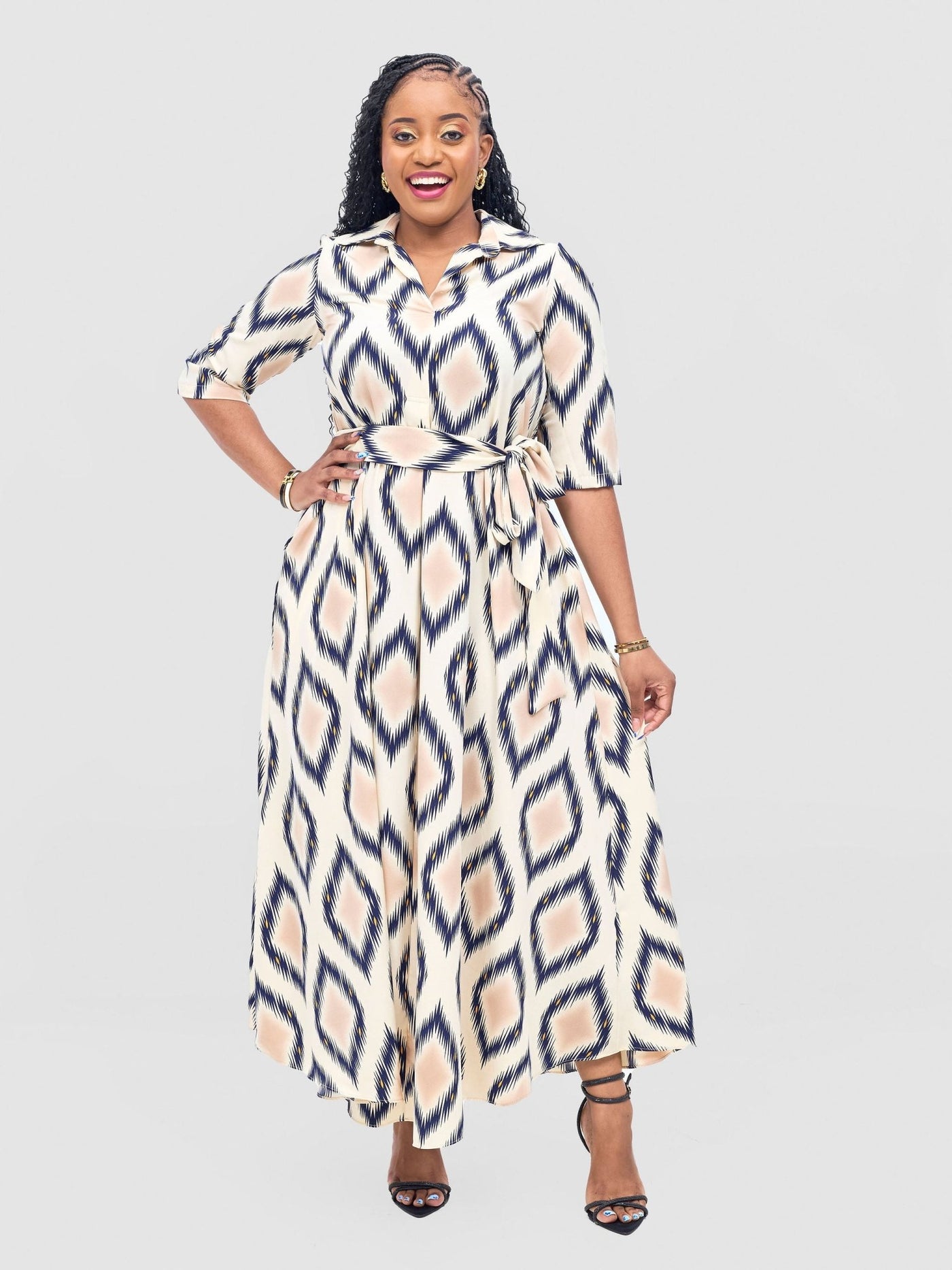 Vivo Yumi Maxi Shirt Dress - Cream / Navy Rumi Print - Shopzetu