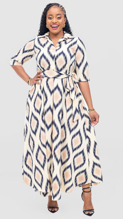 Vivo Yumi Maxi Shirt Dress - Cream / Navy Rumi Print - Shopzetu