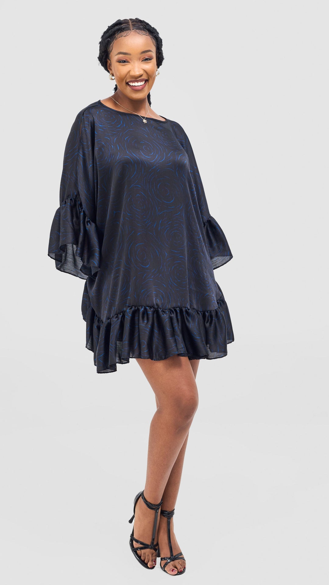Vivo Chidii Tunic Dress With Frills - Black / Blue Print