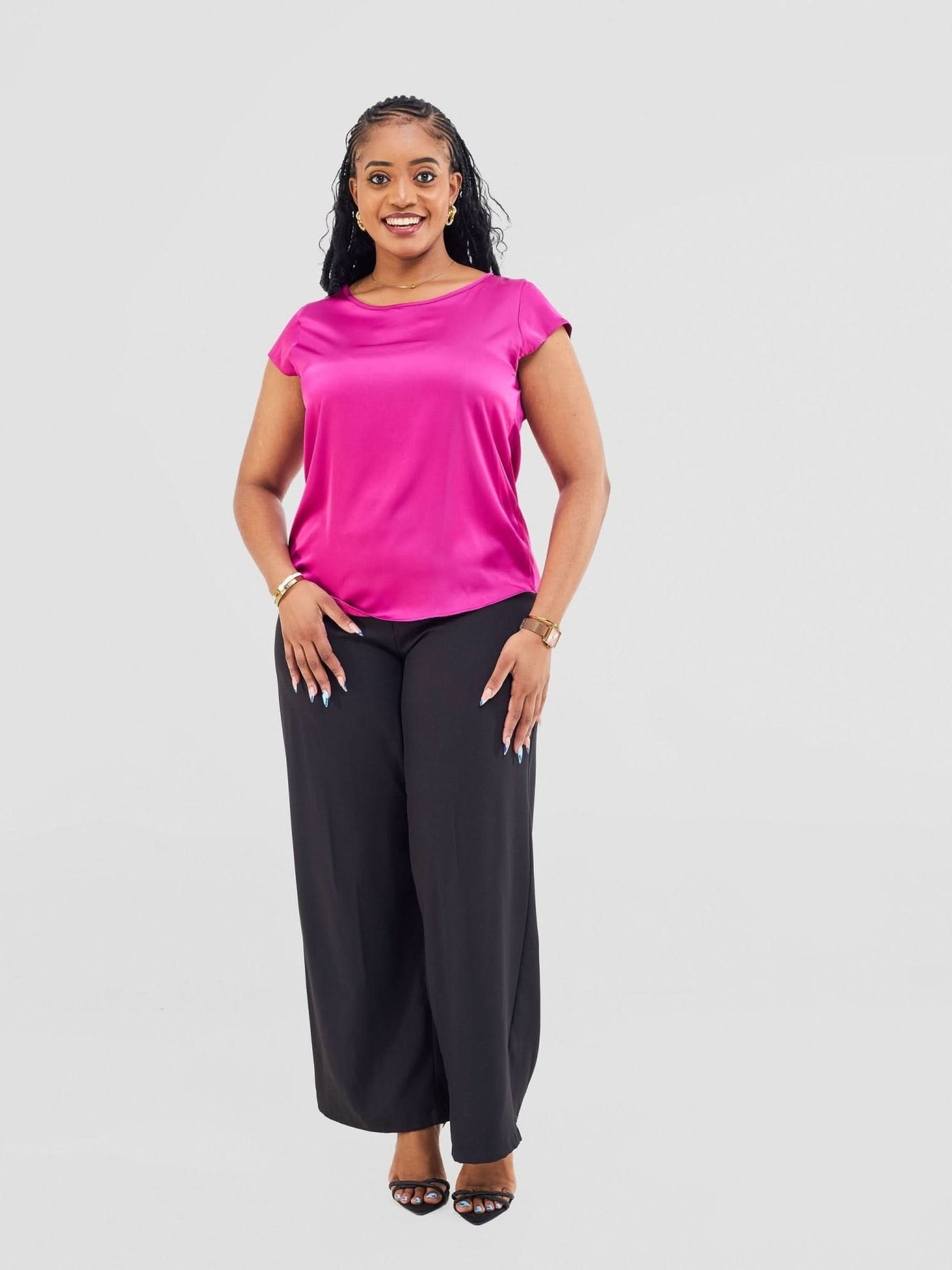 Vivo Basic Satin Cap Sleeve Top - Pink - Shopzetu