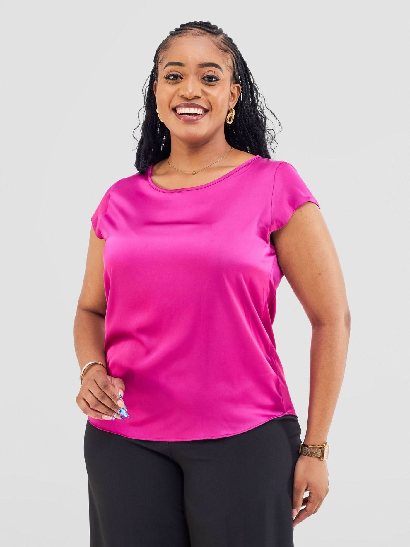 Vivo Basic Satin Cap Sleeve Top - Pink - Shopzetu