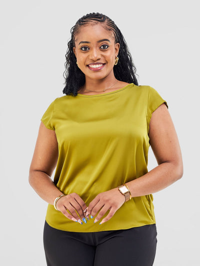 Vivo Basic Satin Cap Sleeve Top - Olive - Shopzetu