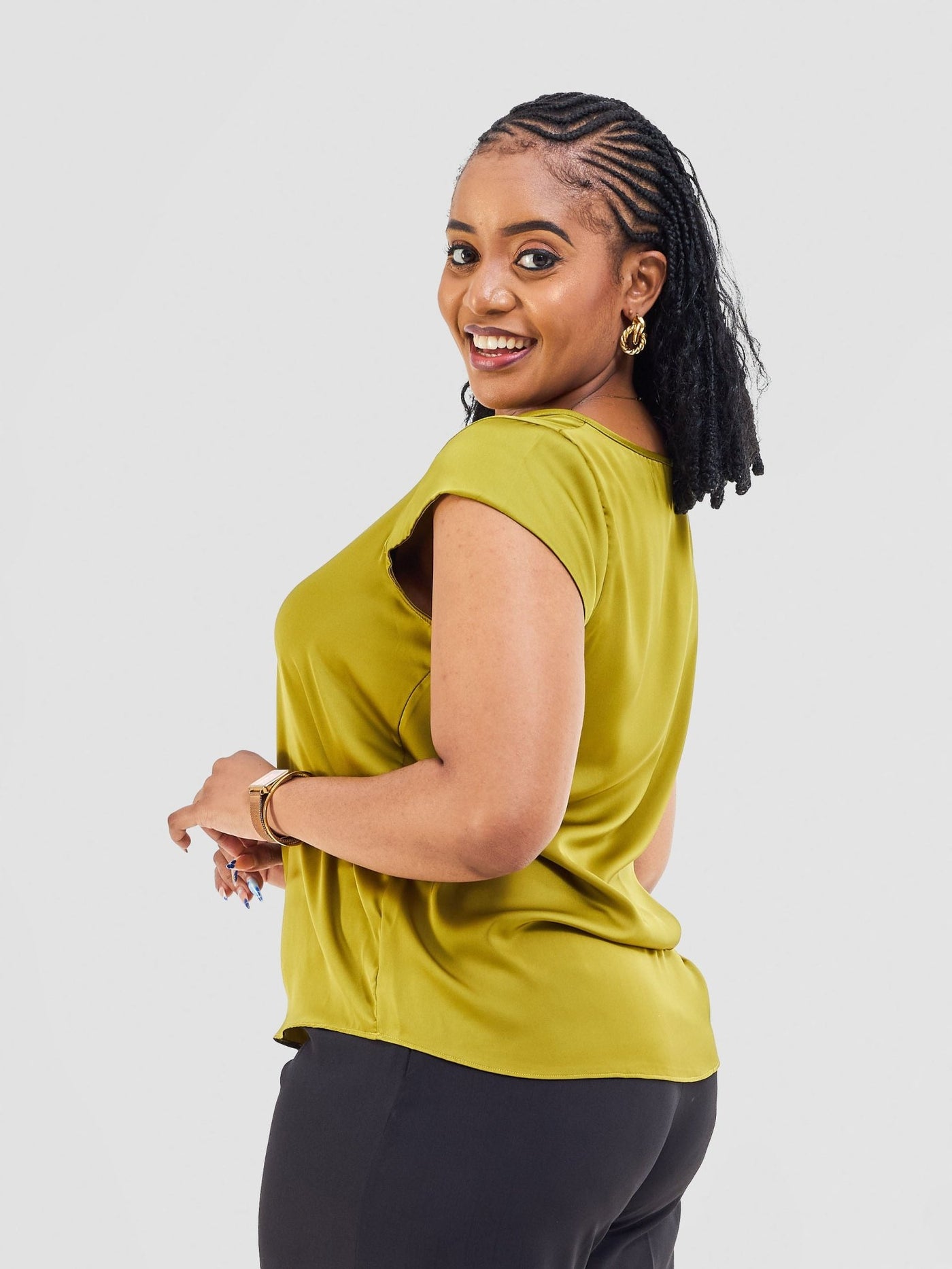 Vivo Basic Satin Cap Sleeve Top - Olive - Shopzetu