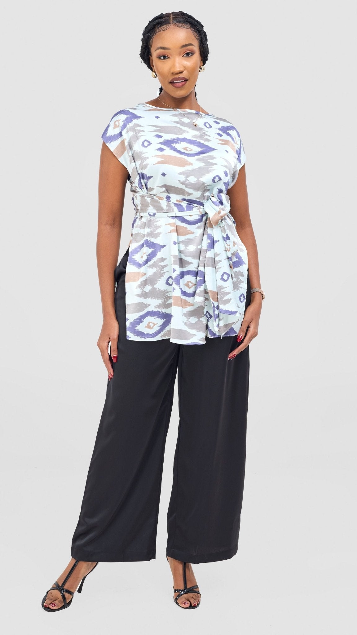 Vivo Yene Front Tie Tunic Top - Mint / Lilac Lora Print - Shopzetu
