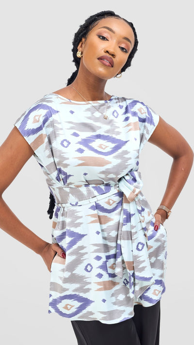Vivo Yene Front Tie Tunic Top - Mint / Lilac Lora Print - Shopzetu
