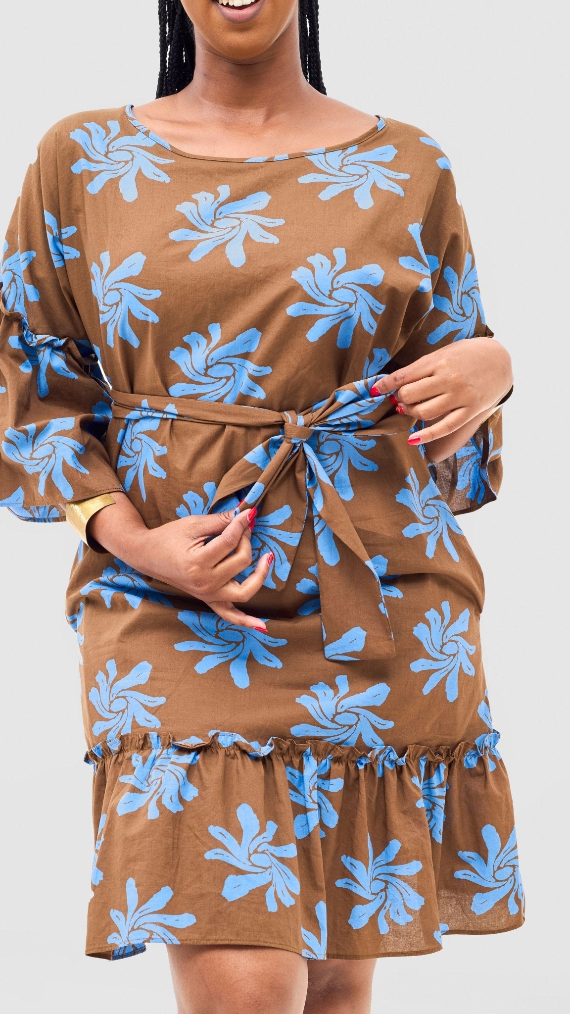 Safari Naledi Flounce Tent Dress - Brown / Blue Nale Print - Shopzetu