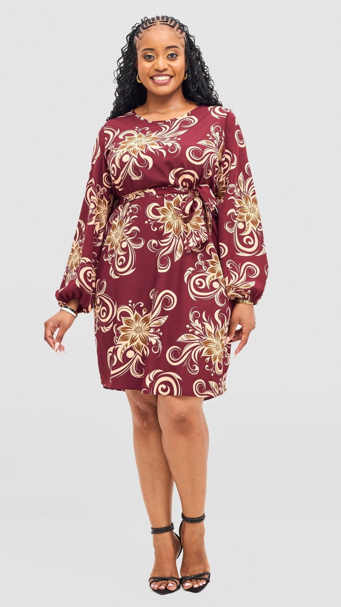 Vivo Zawadi Shift Dress - Maroon / Peach Print - Shopzetu