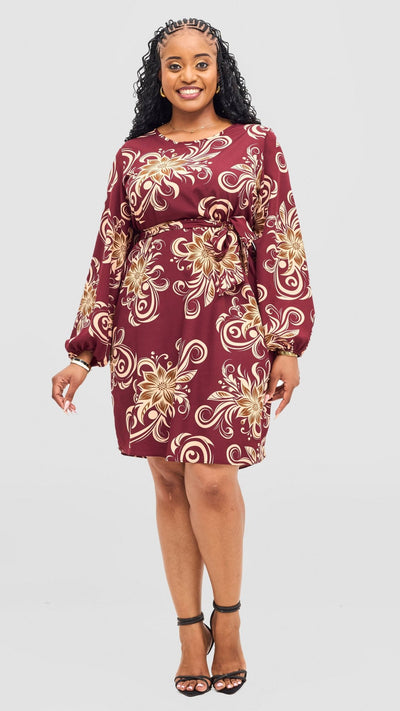 Vivo Zawadi Shift Dress - Maroon / Peach Print - Shopzetu
