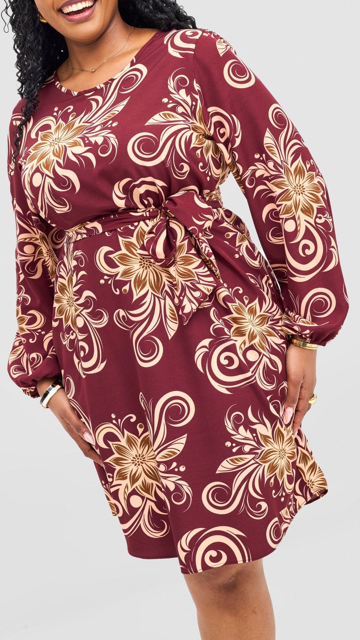 Vivo Zawadi Shift Dress - Maroon / Peach Print - Shopzetu