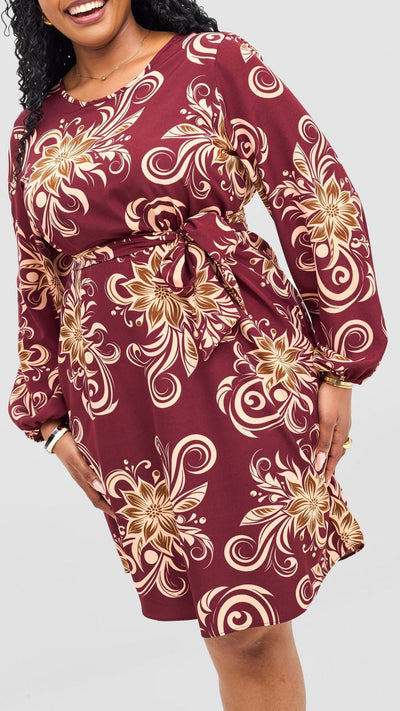 Vivo Zawadi Shift Dress - Maroon / Peach Print - Shopzetu