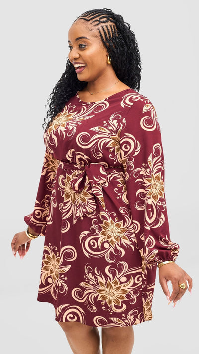 Vivo Zawadi Shift Dress - Maroon / Peach Print - Shopzetu
