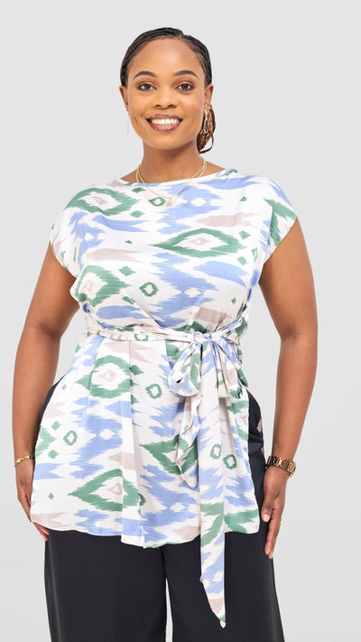 Vivo Yene Front Tie Tunic Top - Taupe / Green Lora Print - Shopzetu