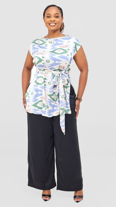 Vivo Yene Front Tie Tunic Top - Taupe / Green Lora Print - Shopzetu