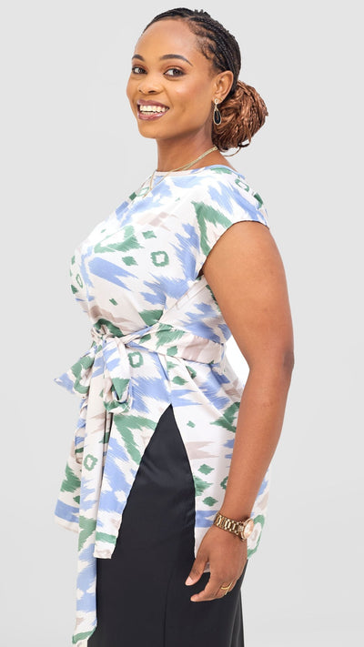Vivo Yene Front Tie Tunic Top - Taupe / Green Lora Print - Shopzetu