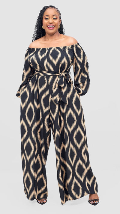 Vivo Yumi Off Shoulder Jumpsuit - Cream / Black Rumi Print - Shopzetu
