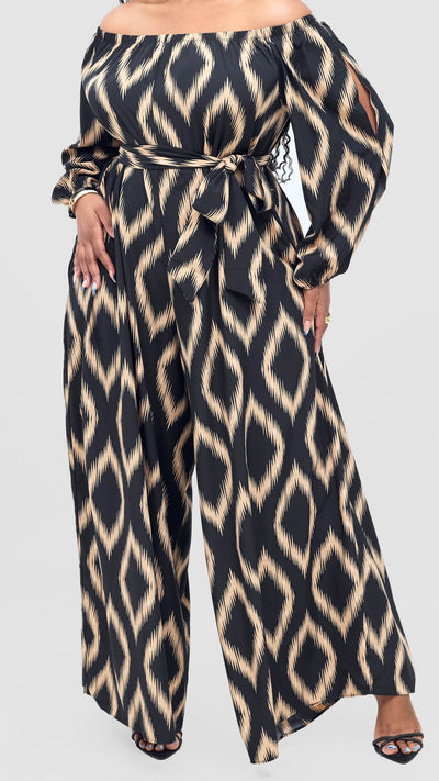 Vivo Yumi Off Shoulder Jumpsuit - Cream / Black Rumi Print - Shopzetu