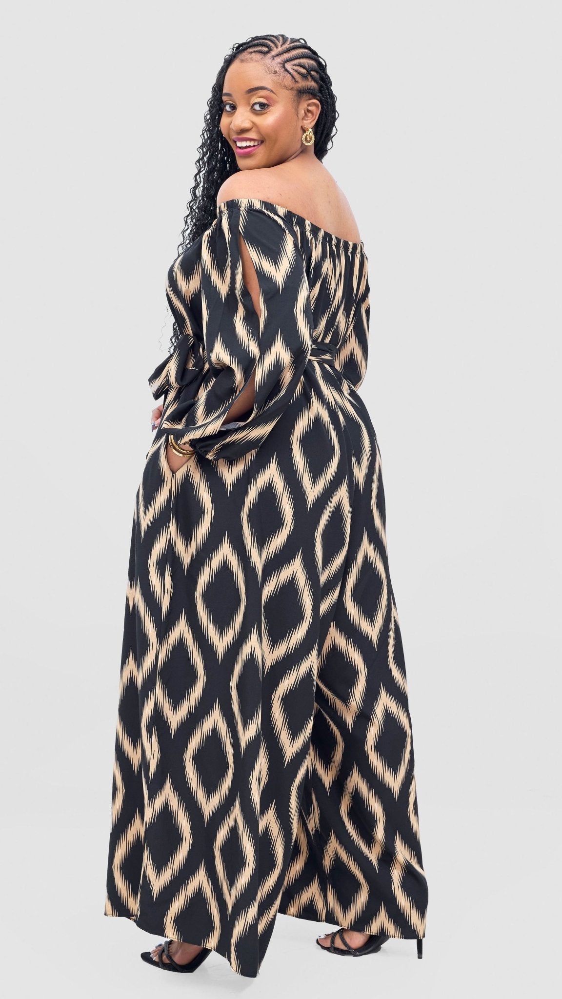 Vivo Yumi Off Shoulder Jumpsuit - Cream / Black Rumi Print - Shopzetu