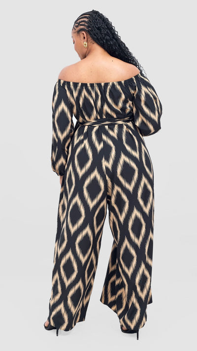 Vivo Yumi Off Shoulder Jumpsuit - Cream / Black Rumi Print - Shopzetu