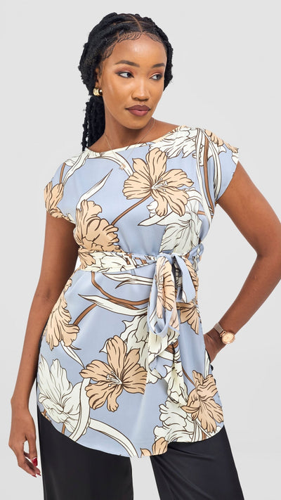 Vivo Yene Front Tie Tunic Top - Taupe / Cream Tunu Print - Shopzetu
