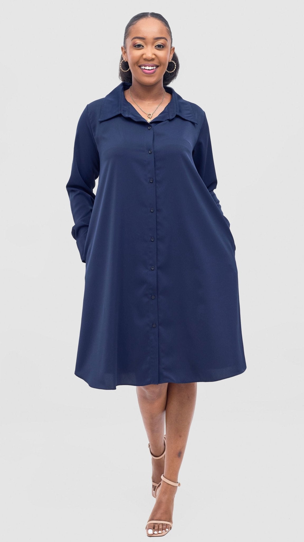 Vivo Basic Long Sleeve Tent Shirt Dress - Navy - Shopzetu