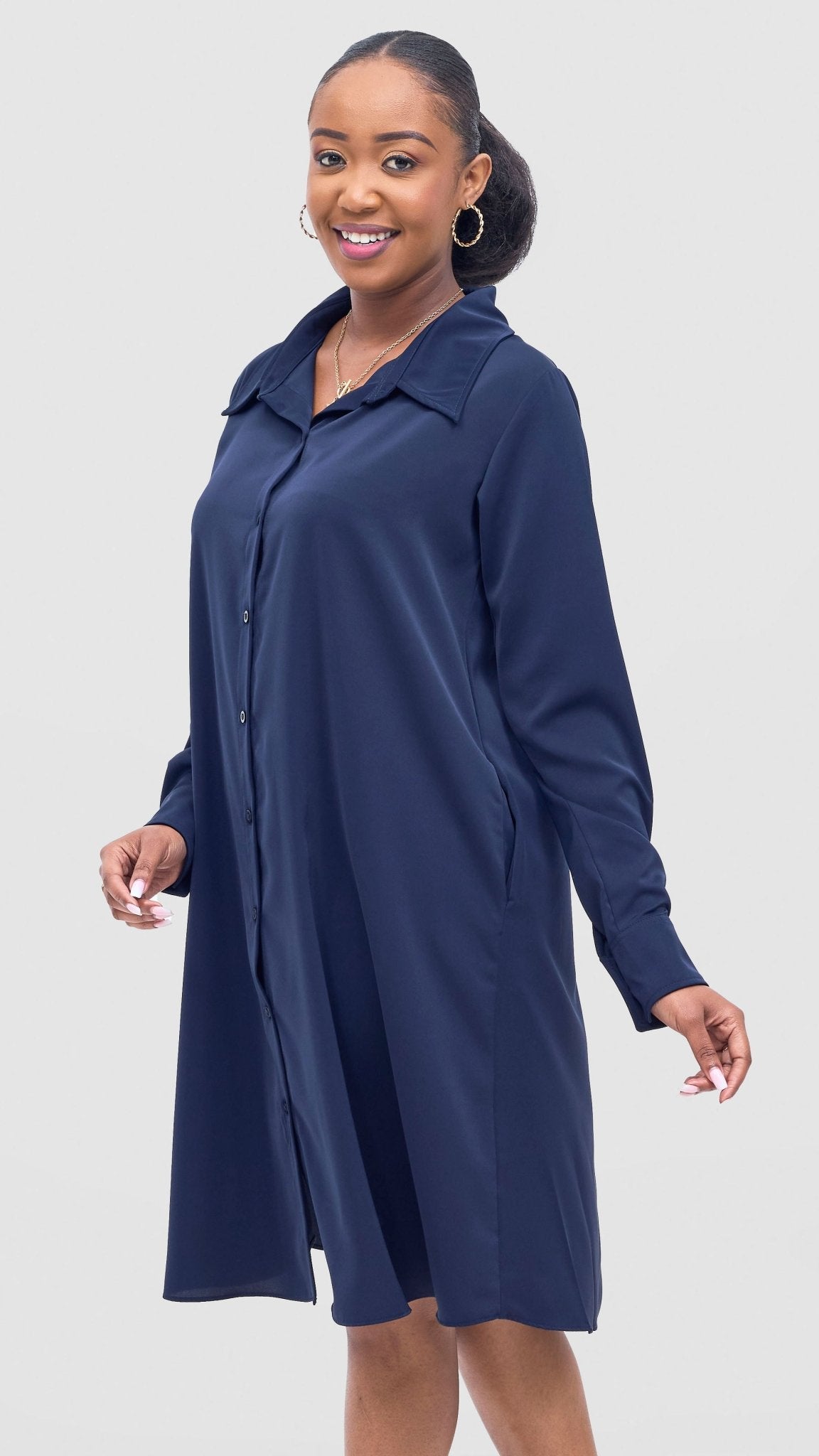 Vivo Basic Long Sleeve Tent Shirt Dress - Navy - Shopzetu