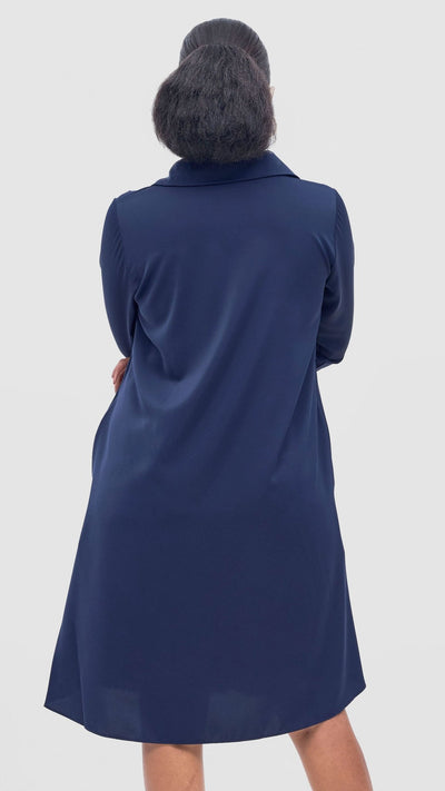 Vivo Basic Long Sleeve Tent Shirt Dress - Navy - Shopzetu