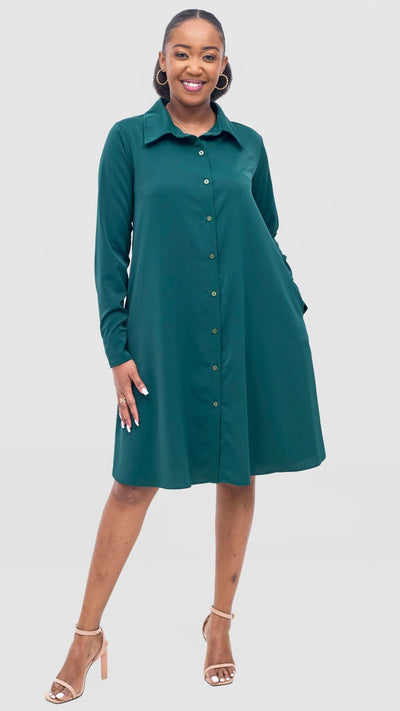 Vivo Basic Long Sleeve Tent Shirt Dress - Dark Green - Shopzetu