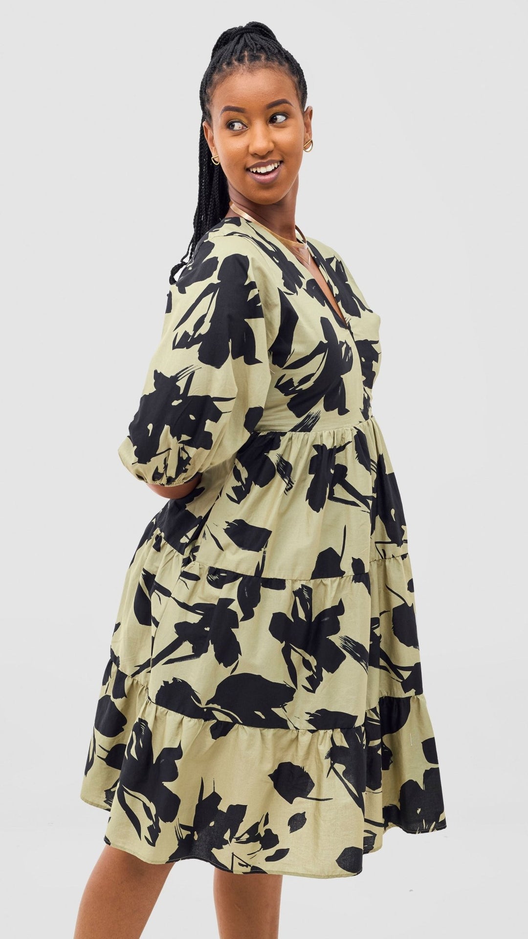 Safari Naledi Bishop Sleeve Tiered Dress - Olive / Black Wia Print - Shopzetu