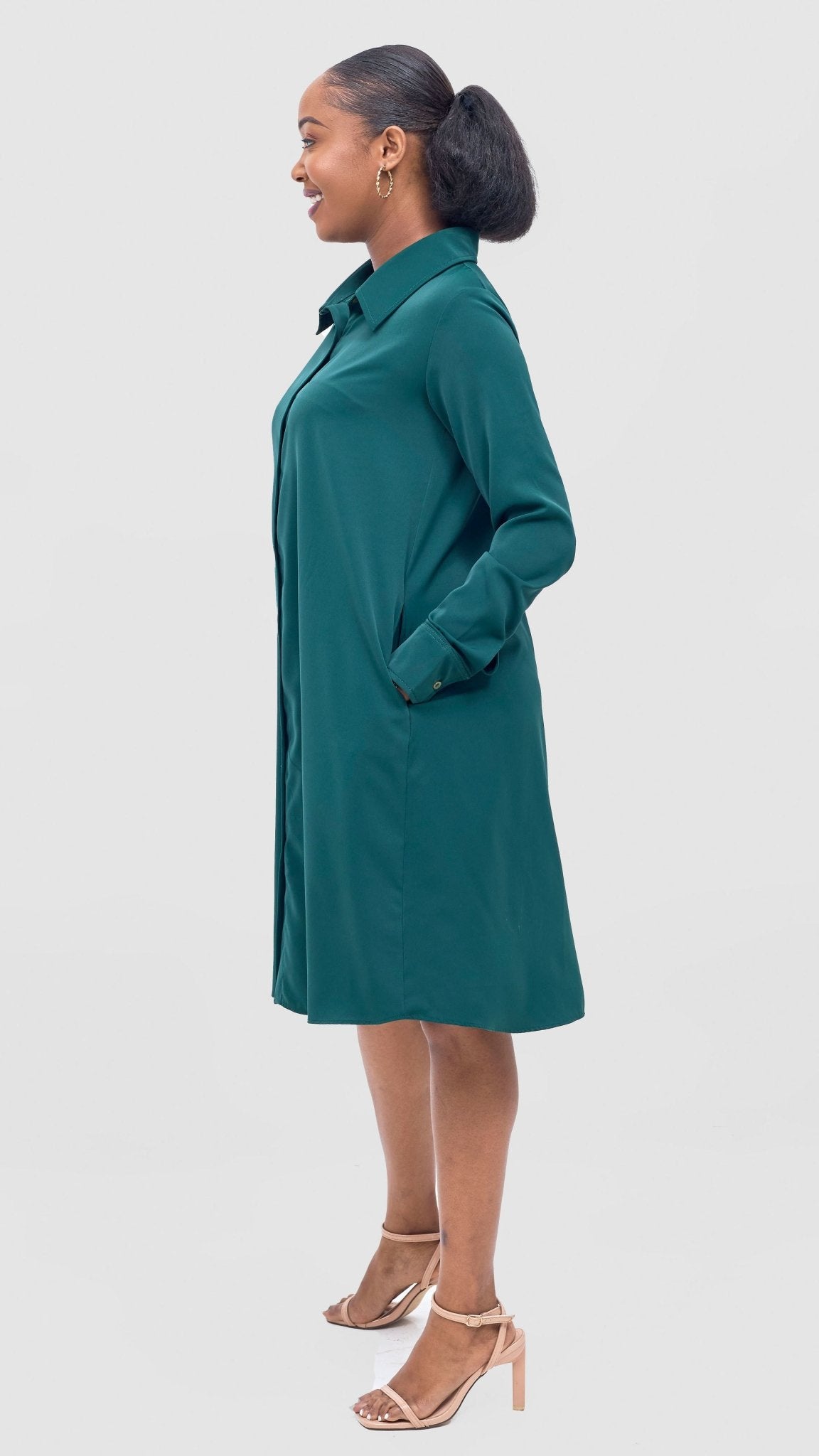 Vivo Basic Long Sleeve Tent Shirt Dress - Dark Green - Shopzetu