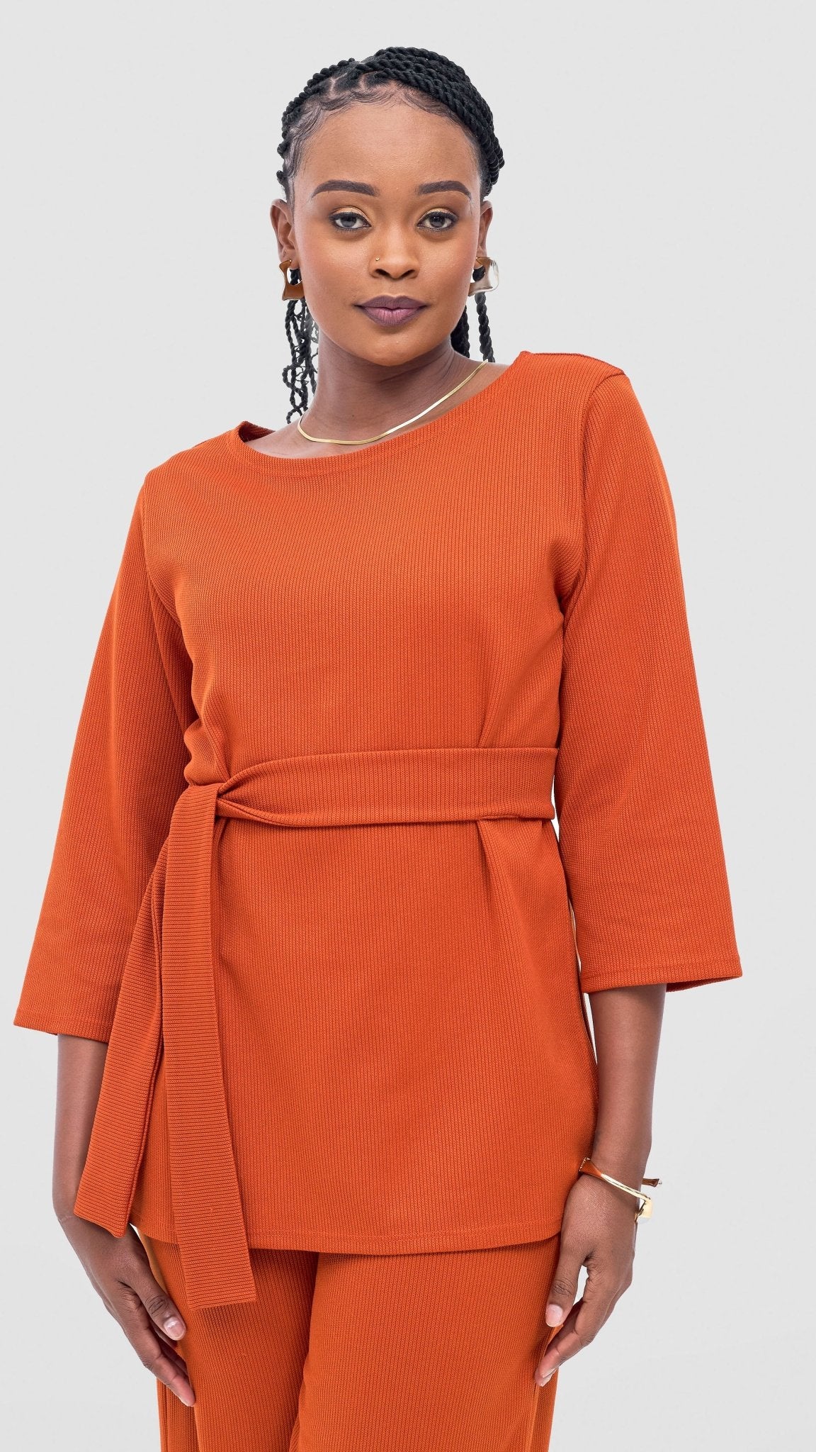 Vivo Rema 3/4 Sleeve Side Slit Tunic Top - Burnt Orange - Shopzetu