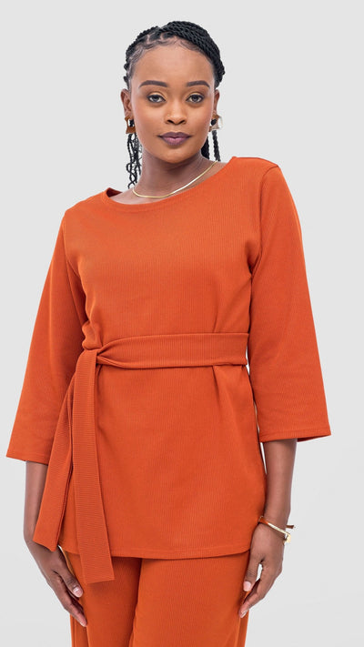 Vivo Rema 3/4 Sleeve Side Slit Tunic Top - Burnt Orange - Shopzetu