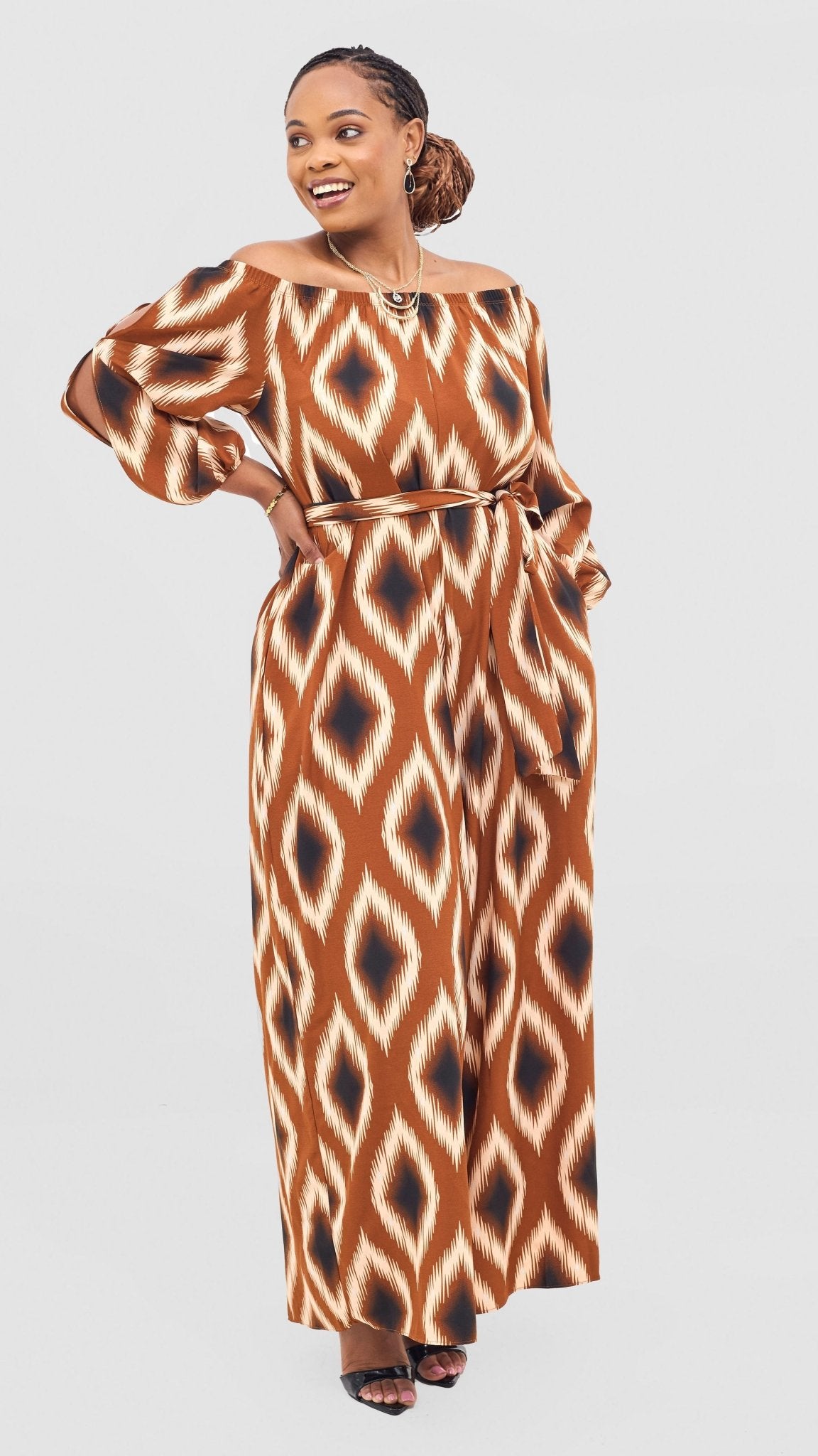 Vivo Yumi Off Shoulder Jumpsuit - Cream / Rust Rumi Print - Shopzetu