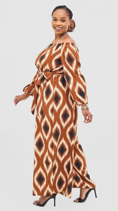 Vivo Yumi Off Shoulder Jumpsuit - Cream / Rust Rumi Print - Shopzetu