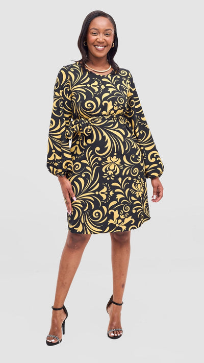 Vivo Zawadi Shift Dress - Black / Yellow Print - Shopzetu