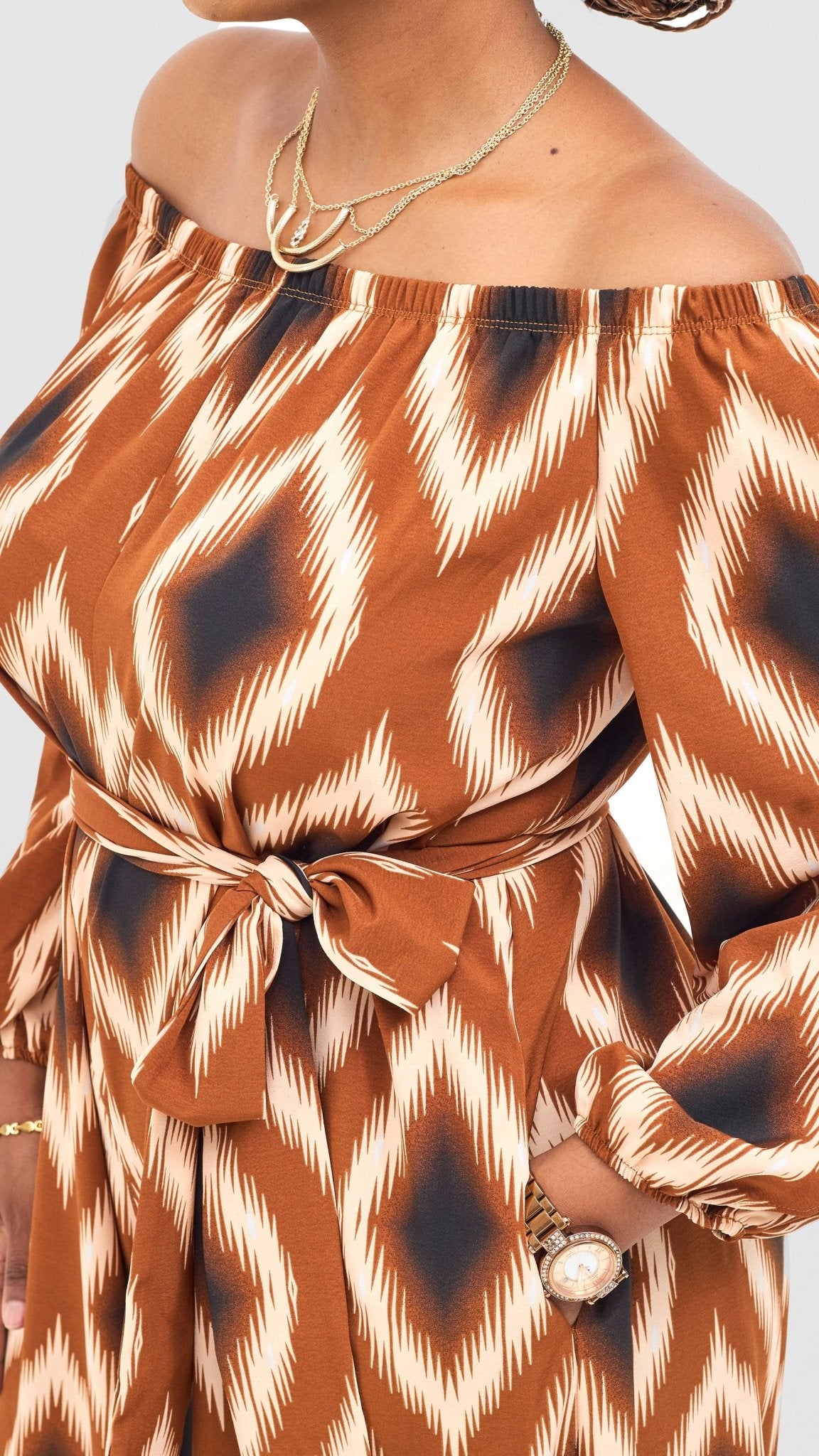 Vivo Yumi Off Shoulder Jumpsuit - Cream / Rust Rumi Print - Shopzetu