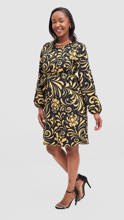 Vivo Zawadi Shift Dress - Black / Yellow Print - Shopzetu