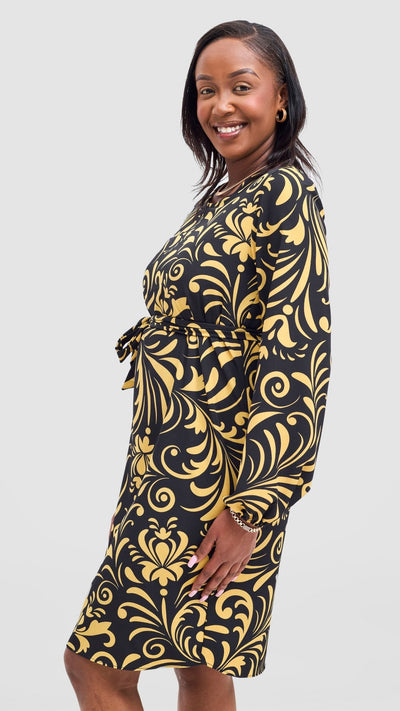 Vivo Zawadi Shift Dress - Black / Yellow Print - Shopzetu
