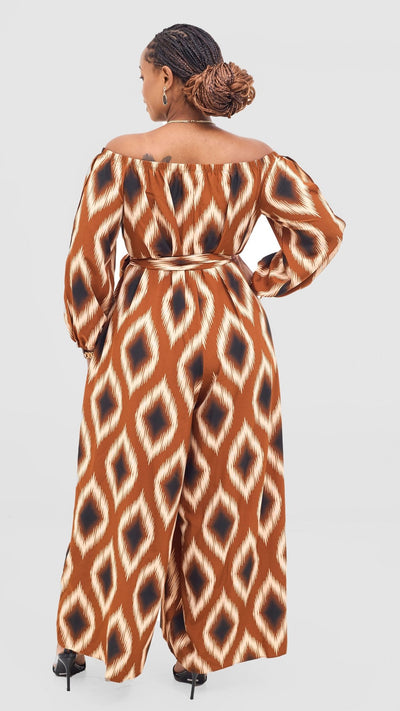 Vivo Yumi Off Shoulder Jumpsuit - Cream / Rust Rumi Print - Shopzetu