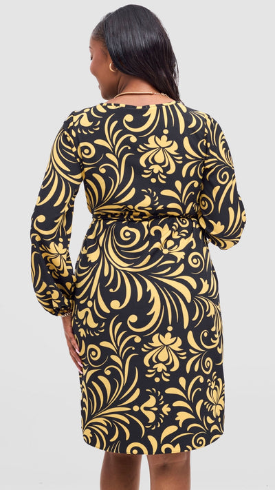 Vivo Zawadi Shift Dress - Black / Yellow Print - Shopzetu